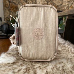 NWT Kipling 100 Pens Printed Case Bag Pouch Sparkly Gold